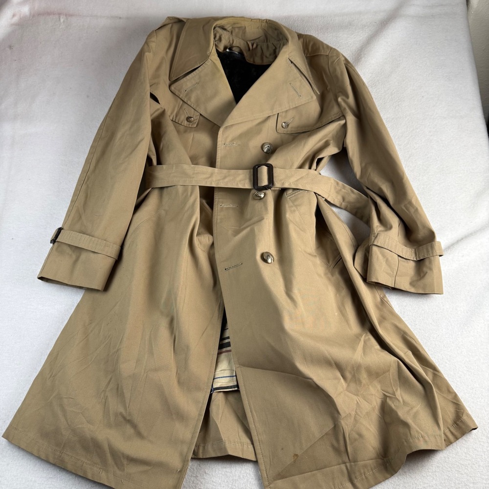 Vintage Tan Double Breasted Trench Coat with Removable Faux Fur Liner Belted